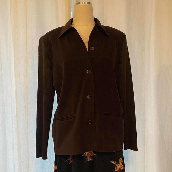 VTG Notations Brown Faux Suede Jacket Shacket Rib Knit Sleeve Medium Western - Picture 3 of 5